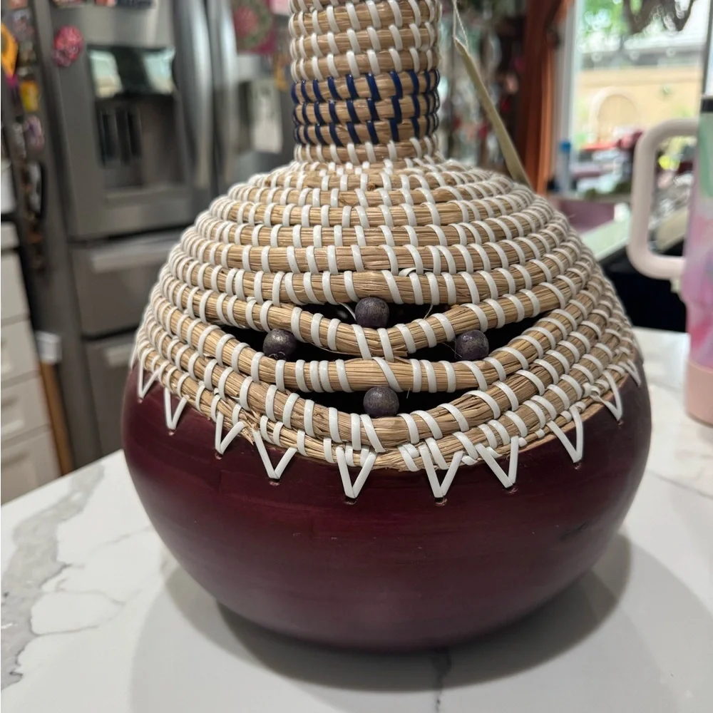 Woven Basket Vase with Purple Accents